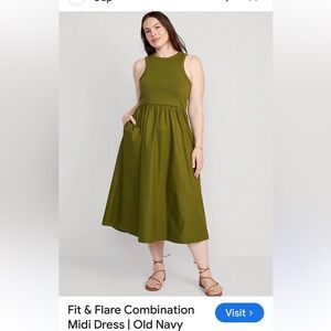 Old Navy Fit & Flare Midi Dress rib-knit bodice and poplin skirt in green EUC M